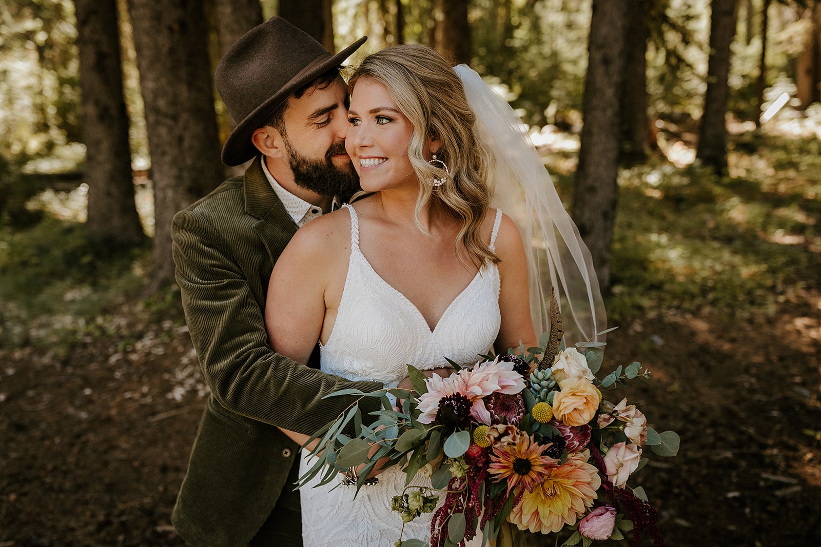 Bride and Gorrm Forest Wedding Green Suit Bend Weddings and Events PNW Weddings-min